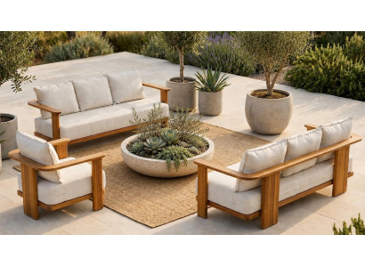 Gartenlounge Set 3-Sitzer Sofa Sessel Beige Kissen Modern Komfort Neu