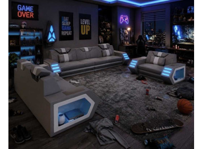 Sofa Set 3+2+1 Sitzer grau Kunstleder bequeme Wohnlandschaft mit LED Licht