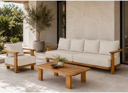 Gartenlounge Set 4-Sitzer Sofa Sessel Beige Kissen Couchtisch Holz Neu