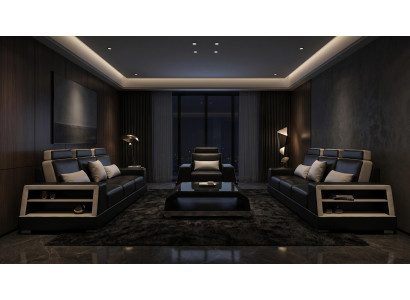 Sofa Set 3+3+1 Modern Schwarz Weiß Premium LED Couchtisch Komfort