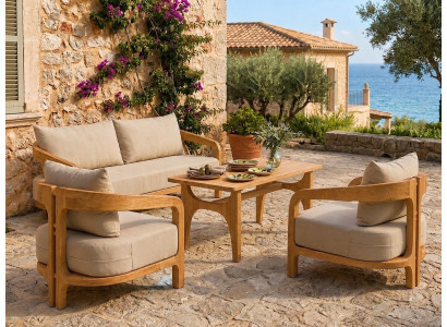 Gartenlounge Set 3-Sitzer Sofa Sessel Beige Kissen Couchtisch Holz