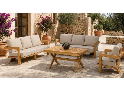 Terrassenmöbel Set 3-Sitzer Sofa Sessel Beige Kissen Couchtisch Holz