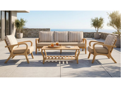 Gartenlounge Set 3-Sitzer Sofa Sessel Beige Kissen Modern Couchtisch