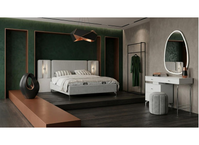 Bett Schminktisch Spiegel Pouf Schlafzimmer Stil modern grau bequem