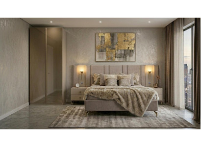 Bett 2x Nachttische Schrank Schlafzimmer Stil modern beige komfortabel