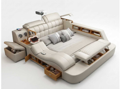 Multifunktions Bett Modernes Stauraumbett Beige mit gepolstertem Kopfteil