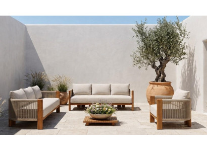 Terrassenmöbel Set Beige Gemütlich Weich 3-Sitzer Sofa Sessel Lounge