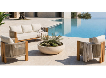 Gartenlounge Set 3-Sitzer Sofa Sessel Beige Kissen Modern Gemütlich
