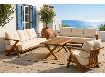 Gartenlounge Set 3-Sitzer sofa Sessel Beige Kissen Couchtisch Holz