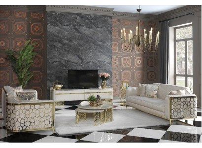 Designer Garnitur mit Zwei Sofas Couchtisch TV Lowboard Gold Akzent