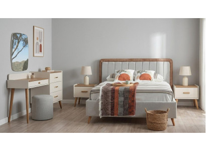 Schlafzimmer Set Bett 2x Nachttische Kommode Spiegel Pouf Modern Beige