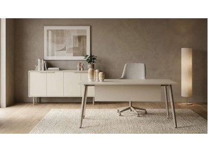 Modernes Weißes Büro-Set Edler Cheftisch Exklusives Sideboard 2tlg