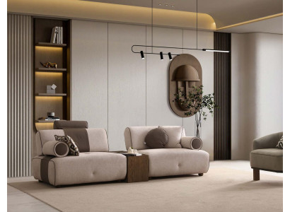 Sofa 2-Sitzer Beige Stoff Modern Modulsofa Kopfstütze Holzmodul
