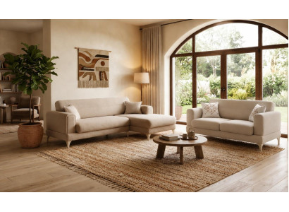 Wohnzimmer Set Ecksofa 3-Sitzer 2-Sitzer Beige Stoff Modern