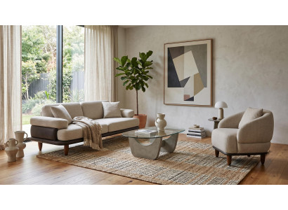 Beiges Wohnzimmer-Set 3-Sitzer-Sofa Sessel Stoff Designer-Modelle modern
