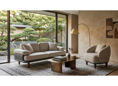 Beiges Wohnzimmer-Set 2-Sitzer-Sofa Sessel Stoffbezüge Wohnzimmermöbel
