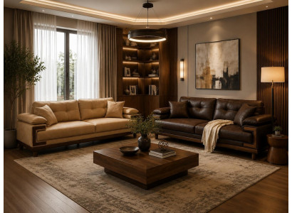 2x 3-Sitzer Sofa Set Beige Braun Modern Stoff Holz Wohnzimmer Design