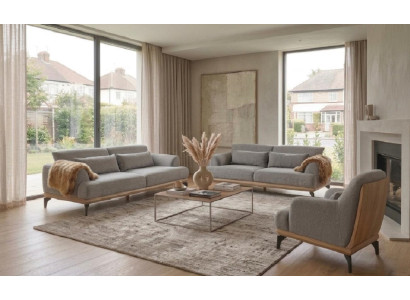 2x 3-Sitzer Sofa Sessel Grau Modern Stoff Holz Metall Wohnzimmer Set