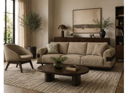Sofa 3-Sitzer Sessel Set Braun Beige Modern Stoff Holz Wohnzimmer