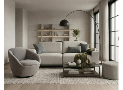 Beige Wohnzimmer Sofagarnitur Edler 3-Sitzer Stoffsessel Hocker