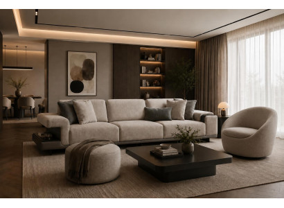 Elegante Polstergarnitur Stilvoller Dreisitzer Stoffsessel Textilhocker