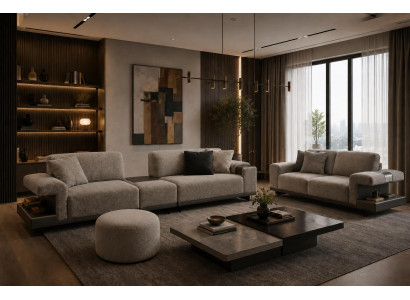 Modernes Wohnzimmer-Set: 3+3-Sitzer mit Sitzhocker