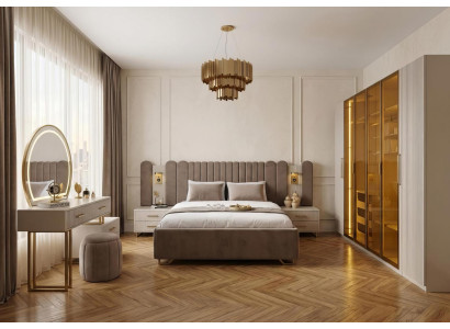 Schlafzimmer Set Bett Schrank Frisiertisch Spiegel Hocker Beige Edel
