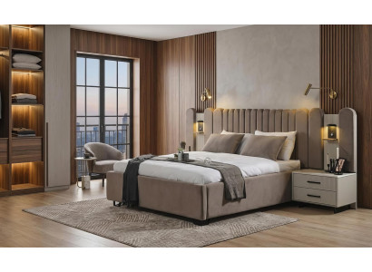 Schlafzimmer Set Bett Nachttische Modern Beige Edel Luxus Polsterbett