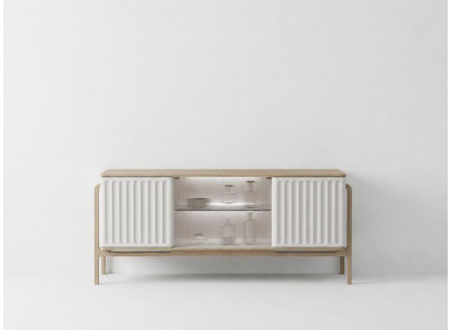 Modernes Sideboard Weiß Beige mit Türen und Glasfächern Wohnzimmer