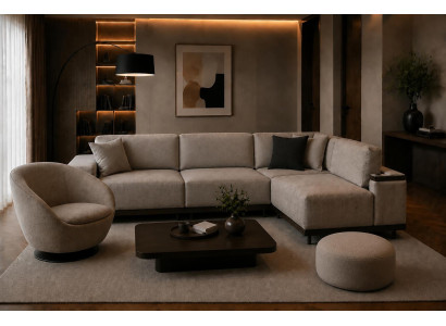 Wohnzimmer Set mit Ecksofa in L-Form, Sessel und Sitzhocker