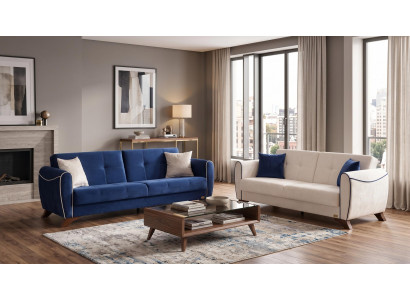 Blau-beiges Wohnzimmer-Set: 3-Sitzer-Sofa Stoffsofas moderner Stil