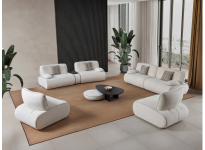 Couchgarnitur Weiß Modern Holz Stoff 4+3+1+1 Sitzer Lounge Set