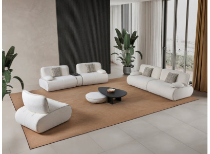Sitzgruppe Weiß Modern Stoff Holz 4-Sitzer 3-Sitzer 1x Sessel Set