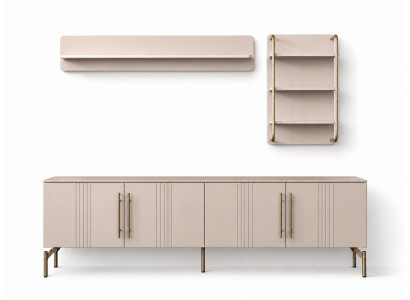 Wohnzimmer Set TV Lowboard Wandvitrine Wandboard Modern Beige Dezent