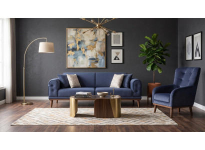 Blaues Wohnzimmer-Set 3-Sitzer-Sofa Stoffsofa und Sessel Designermöbel