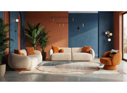 Set Wohnzimmer modern 2x Sofa 3 Sitzer und Sessel Boucle Beige