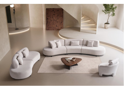 Sitzgruppe Weiß Modern Stoff Holz 4-Sitzer 3-Sitzer 1x Sessel Set