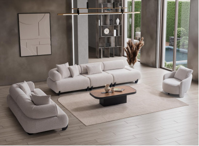 Sofa Set Weiß Modern Holz Stoff 4-Sitzer 3-Sitzer Sessel Polster
