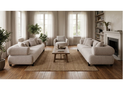 Polstergruppe Weiß Modern Stoff Holz 2x 3-Sitzer Sessel Lounge Set