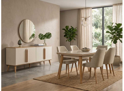 Essgruppe Beige Modern Luxus Esstisch Stuehle Sideboard Spiegel