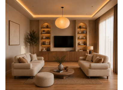 Elegantes Wohnzimmer Set mit zwei 3-Sitzern und passendem Sitzhocker Beige