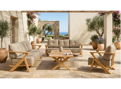 Gartenlounge Set 3-Sitzer sofa Sessel Beige Kissen Couchtisch Holz