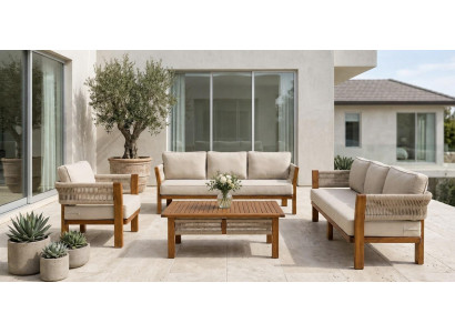 Gartenlounge Set 3-Sitzer Sofa Sessel Beige Kissen Bequem Couchtisch