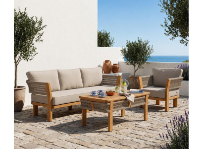 Gartenlounge Set 3Sitzer sofa Sessel Beige Kissen Couchtisch Holz Neu