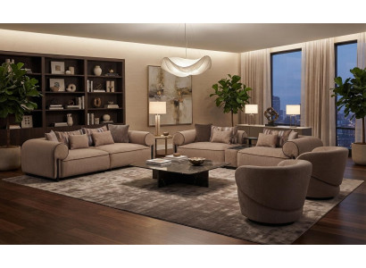 Modernes Beiges 3-Sitzer Sofa Set mit 2 Sesseln Holzrahmen Couch