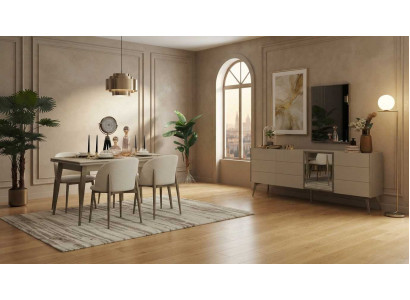 Esszimmer Set Beige Modern Luxus Esstisch Stühle Konsole Spiegel