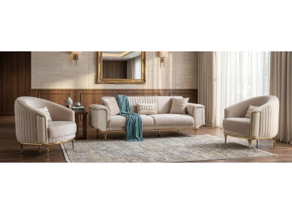 Beige 3 Sitzer Sofa 2x Sessel Stoff Gold Metall Wohnzimmer Garnitur