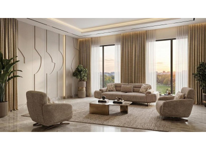 Modernes Wohnzimmer Set Sofa 2 Sessel Beige Polstermöbel