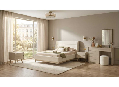Schlafzimmer Set Beige Modern Luxus Bett Kommode Spiegel Hocker