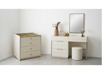 Schminktisch Garnitur Beige Modern Luxus Kommode Spiegel Hocker
